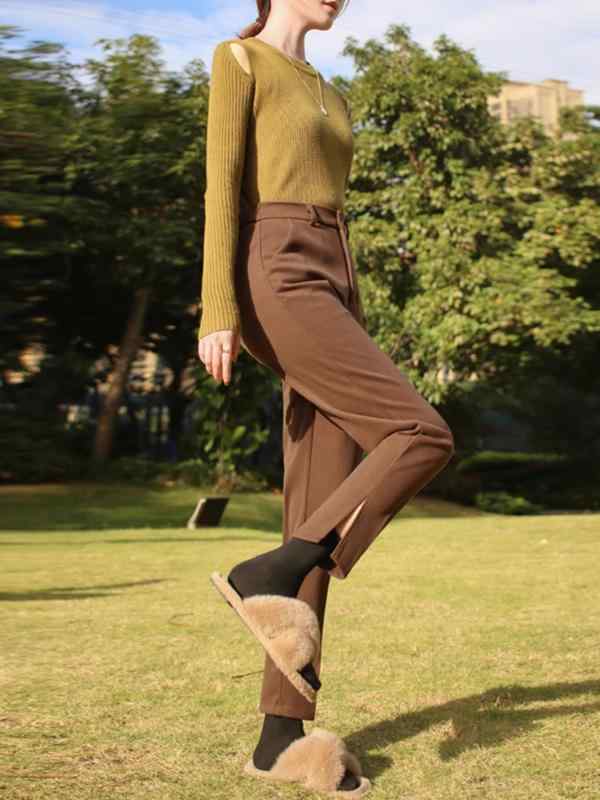 ・パンツの長さ: 九分丈・パンツのスタイル: ストレート・主な生地の組成: その他・ウエストタイプ: ハイウエスト・厚さ: 厚手・色: ブラック、ブラウン・サイズ: S、M、L、XL・スタイル: 通勤・伸縮性: なし・対象: 女性・カテゴリ: カジュアルパンツ