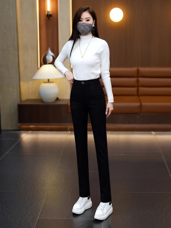 パンツ レディース 秋冬 裏起毛 あったか ストレッチ ハイウエスト スラックス 細見え 美脚 ストレート ズボン ポリエステル ブラック 黒 通勤 オフィス カジュアル