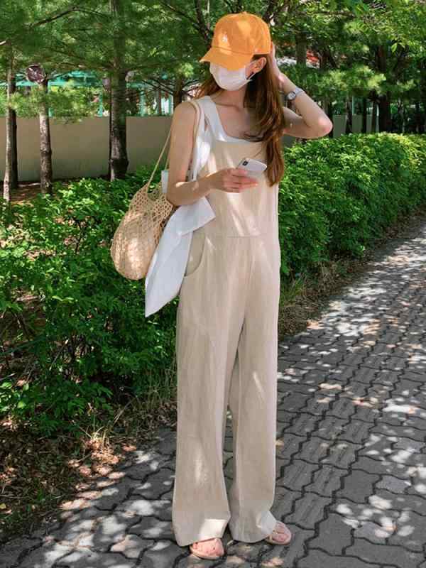 レディース 吊り帯パンツ 麻 綿 素材 秋季 春季 ワイドレッグ ロングパンツ ハイウエスト 系帯 デザイン 直筒 シルエット 韓国風 シン..
