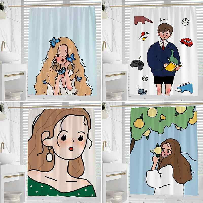 カーテン 防水 防カビ 厚手 ポリエステル 韓国 イラスト バスルーム トイレ シャワー 間仕切り 90 120 150 165 180 200cm