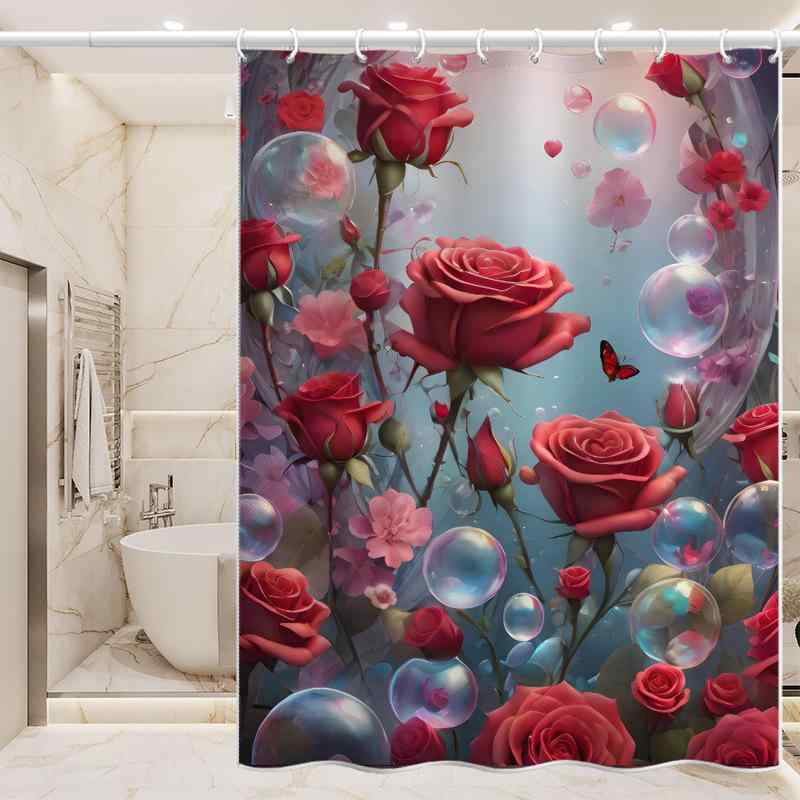 カーテン バスルーム用 間仕切り ポリエステル製 シャワーカーテン バブル ローズ柄 韓国風 ドレープ 厚手 防水 防カビ 浴室
