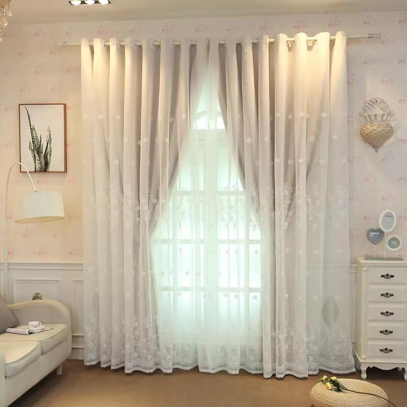 カーテン レディース 小花柄 刺繍 レース 二重 全遮光 ドレープ おしゃれ かわいい ブルー グレー ピン..
