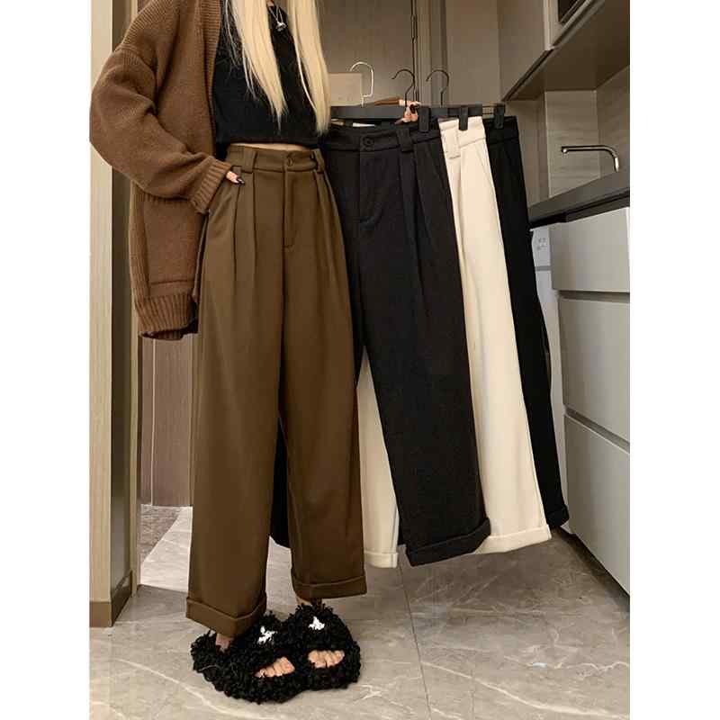 パンツ レディース 秋冬 厚手 ウールライク テーパードパンツ ゆったり ハイウエスト 九分丈 カジュアル 韓国風 ブラック ベージュ グレー ブラウン(4.0)