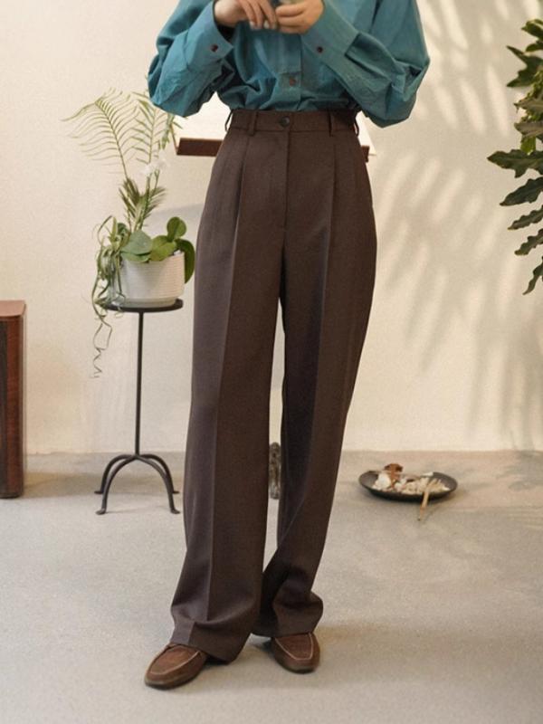 パンツ レディース 秋冬 美ラードブラウン ウール ハイウエスト ストレート ワイドレッグ スラックス 深棕色 通勤 女性用