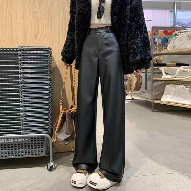 パンツ レディース PUレザーパンツ 秋冬 裏起毛 ハイウエスト 美脚 ワイドレッグパンツ 黒 赤 茶色 S M L XL 2XL(4.0)