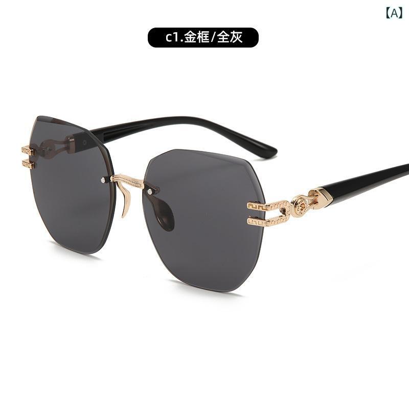 サングラス レディース UVカット 紫外線対策 無框popular 大脸効果 ラウンドフェイス 金属フレーム グレー ブラック ゴールド 紫 ブラウン ブルー ドライブ 旅行