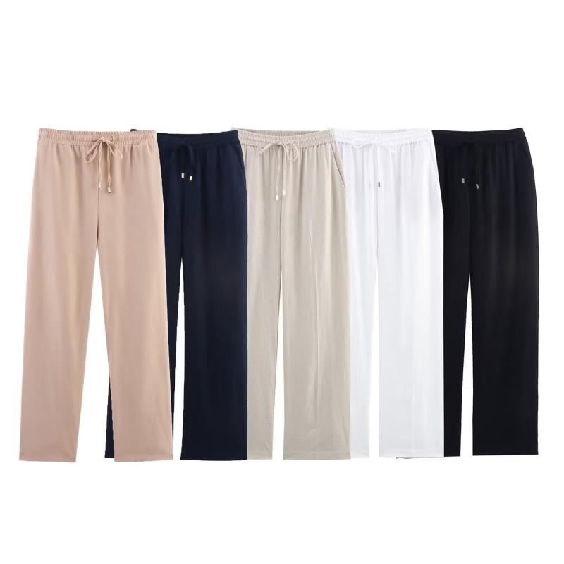 Cropped Pants - レディース 直筒パンツ 亞麻混紡 ポリエステル 混紡素材 松緊腰 系帶 長丈 ゆったり 快適 日常使い 休間スタイル デイリー 磨白 黒 海藍 卡其 軽量 通勤 普段使い