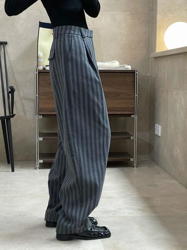 パンツ レディース 秋冬 韓国風 レトロ 高見え ストライプ柄 スラックス ハイウエスト ワイドレッグ ゆったり 美脚 グレー