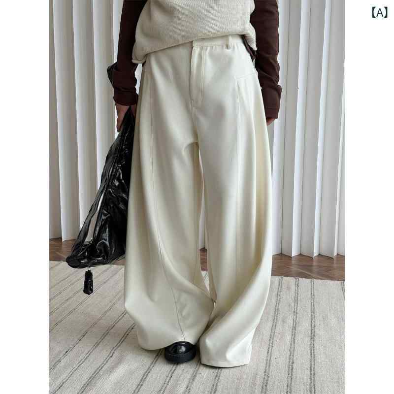 パンツ レディース 秋冬 ワイドパンツ 厚手 ゆったり ハイウエスト カジュアルパンツ スラックス ポリエステル混紡 ホワイト グレー