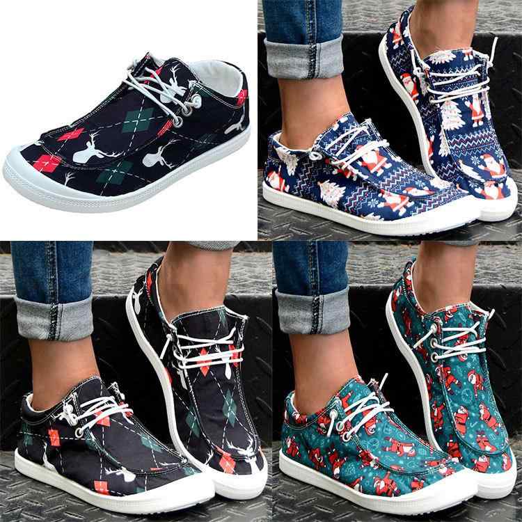 靴 レディース 布靴 スリッポン カジュアル ローヒール フラット ぺたんこ靴 ラウンドトゥ クリスマス 樹 ブルー チェック柄 トナカイ柄 婦人靴 スニーカー 通気性 履きやすい 歩きやすい 普段使い