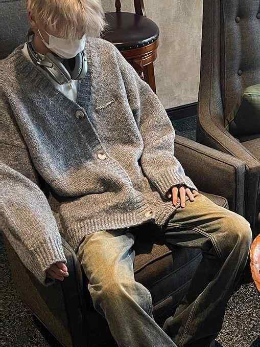 ニット メンズ カーディガン Vネック グレー コットン ゆったり ケーブル編み 秋冬 あったか 防寒 韓国風 男性用 トップス デイリー 普段使い