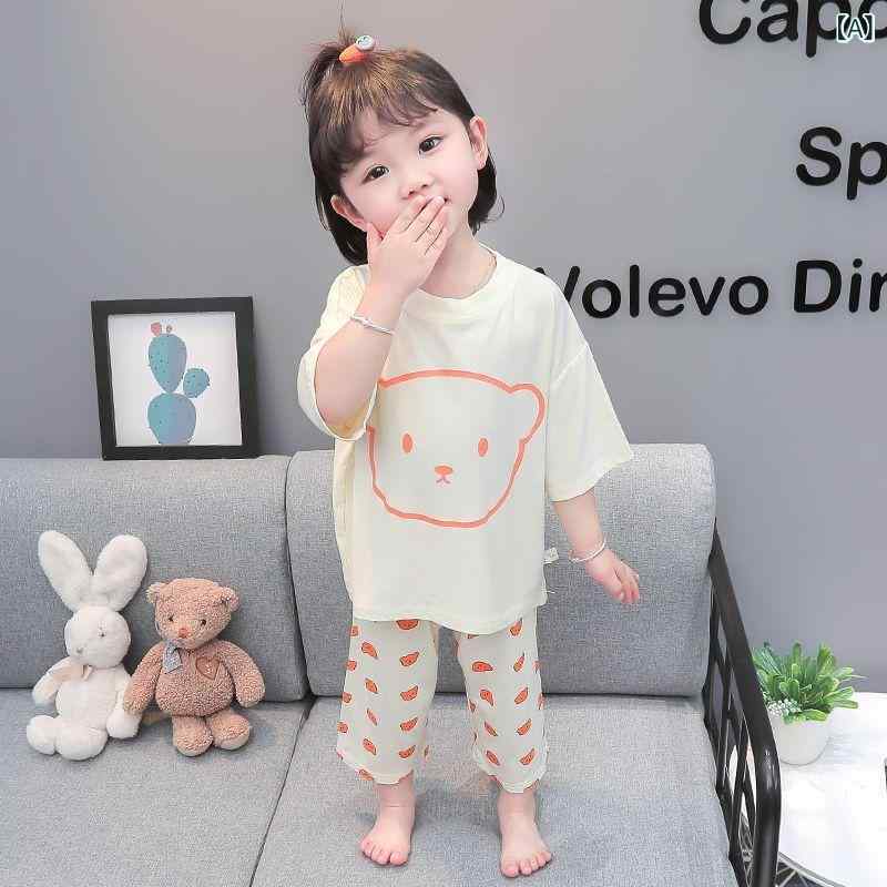 子供用パジャマ ベビー服 春夏 薄手 モダール 吸湿速乾 かわいい 小熊柄 ルームウ...