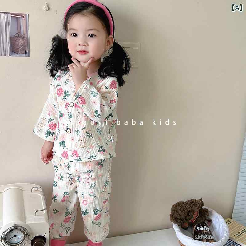 子供用パジャマ 春夏 薄手 ベビー ダブルガーゼ ルームウェア 上下セット 春秋 男女兼用 新生児 花柄 小熊柄 柔らかい 通気性 吸湿性