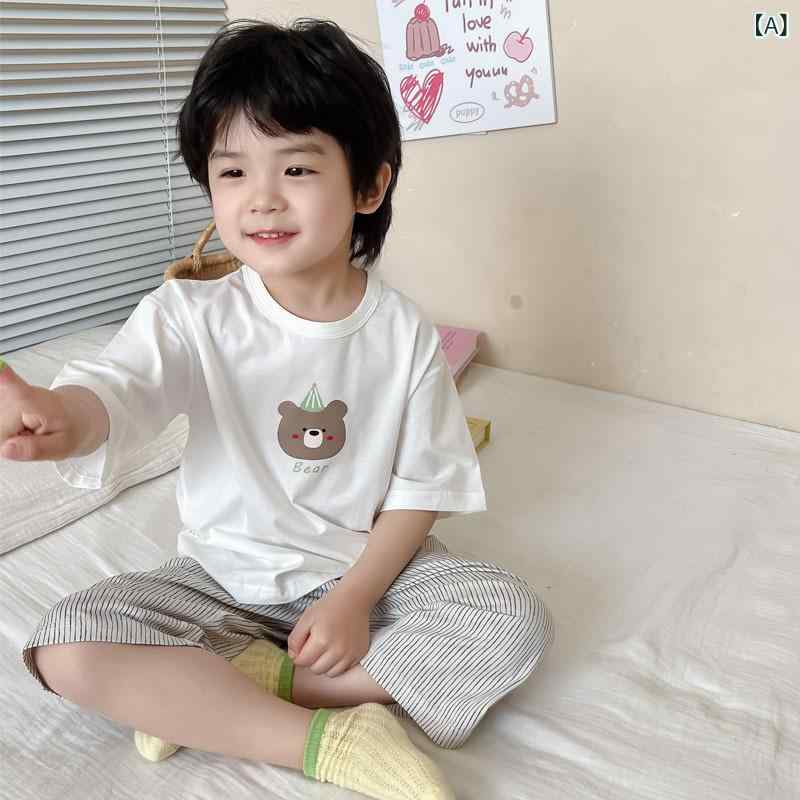 子供用 寝巻き ルームウェア 上下セット コットン混紡 ストライプ柄 小熊柄 薄手 半袖 春夏 パジャマ 女の子 部屋着 かわいい 110 120 130 140 2