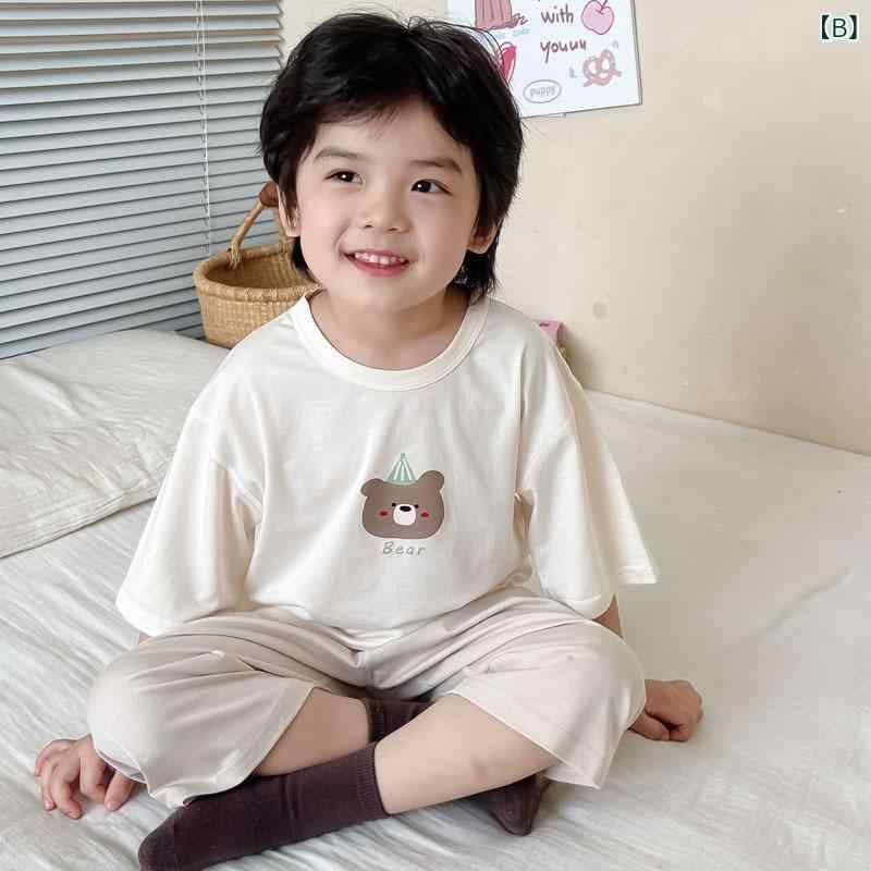 子供用 寝巻き ルームウェア 上下セット コットン混紡 ストライプ柄 小熊柄 薄手 半袖 春夏 パジャマ 女の子 部屋着 かわいい 110 120 130 140 3