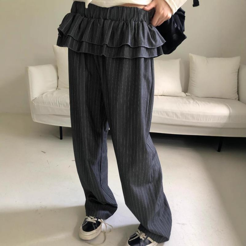 パンツ レディース 韓国風 磨毛 ストライプ柄 ダブルウエスト 袴パンツ スラックス ワイドレッグパンツ ゆったり カジュアル 秋冬 深灰色 ブラック系