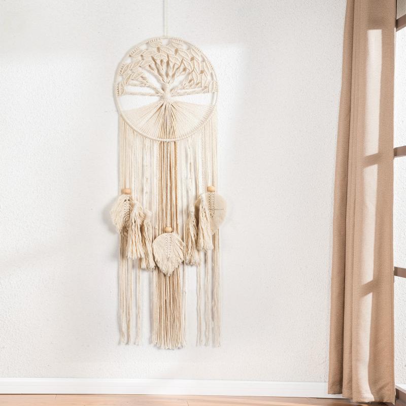 タペストリー 北欧風 壁掛け 手編み 生命の木 羽根付き 壁飾り ボヘミアン風 インテリア 白 手洗い可 ..