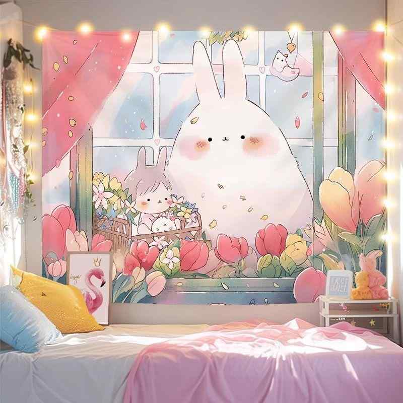 タペストリー かわいい Ins風 コットン製 背景布 壁掛け 室内装飾 キャンバス アート 天窓 花柄 草 ストロベリー ウサギ ピンク パープル 幅1m 幅1.5m 幅2m 幅3m