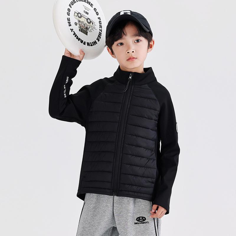 子供用ダウンジャケット 中大キッズ 男女兼用 冬服 フードなし スウェット切り替え アウター ブラック 120cm 130cm 140cm 150cm 160cm 170cm