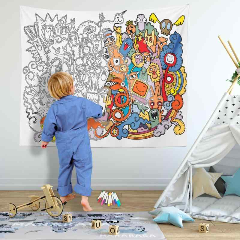 タペストリー 子供部屋 塗り絵 幾何学模様 アニマル モンスター ポリエステル製 背景布
