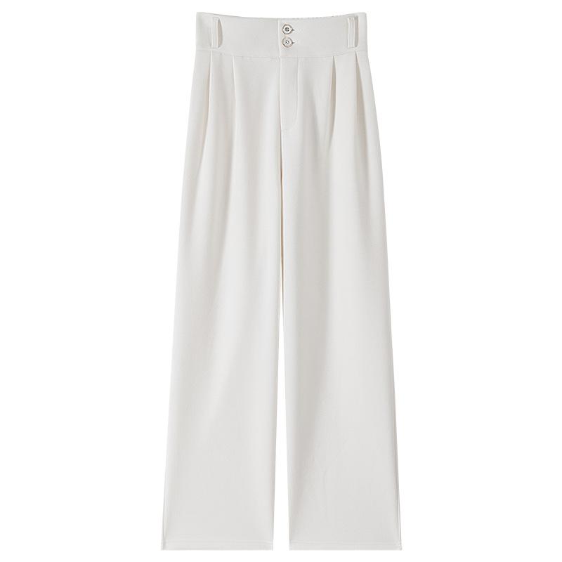 パンツ レディース ウールライク ワイドレッグ スラックス 春秋冬 ハイウエスト ストレート ダブルブレスト ポリエステル 伸縮性 ポケット付き ホワイト ブラック ベージュ カジュアル