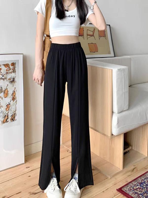 ワイドパンツ レディース 春秋冬 高見え ウエストゴム 接触冷感 ストレッチ 伸縮性 イージーパンツ ゆったり ストレート ブラック