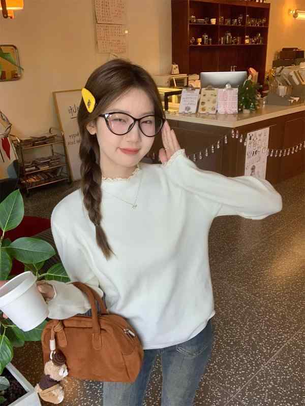 ニット レディース 杏色 レース 長袖 トップス 秋冬 女性用 プルオーバー スリムフィット セーター 婦人服 韓国ファッション(4.0)