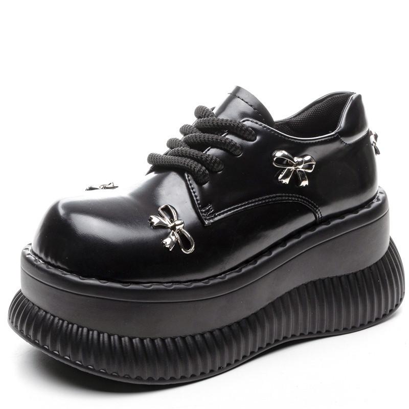 ローファー レディース 厚底 春秋 レースアップ ラウンドトゥ 超高ヒール 8cm 紐靴 黒 PUレザー 合皮 エナメル調 スムース 普段使い デイリーユース