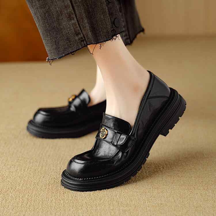 ローファー レディース 春秋 小皮鞋 厚底 ラウンドトゥ カジュアルシューズ ブラウン ブラック 無地 太ヒール 婦人靴 普段使い