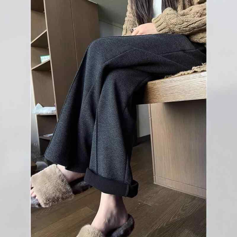 パンツ レディース 秋冬 高見え ワイドレッグパンツ 裏起毛 あったか 厚手 ストレート スラックス ゆったり ウールブレンド ポリエステル 綿混紡 韓国風 ファッション カジュアル オフィスカジュアル きれいめ グレー