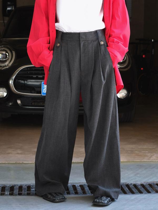 パンツ レディース 秋冬 韓国風 ウール混 グレー ストライプ柄 ワイドレッグパンツ 高見え オフィス カジュアル きれいめ 上品 通勤(4.0)