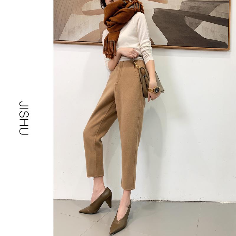 パンツ レディース ウール ハーレムパンツ ストレート 9分丈 スーツパンツ ゆったり カジュアル テーパードパンツ ニンジンパンツ 秋冬 クラシックキャメル ダークグレー