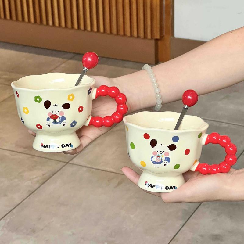 マグカップ かわいい キャラクター 高脚 陶器 ペア コップ 耐熱 オフィス用 レディース メンズ 子供 ギフト プレゼント 波点 花柄 スプーン付き