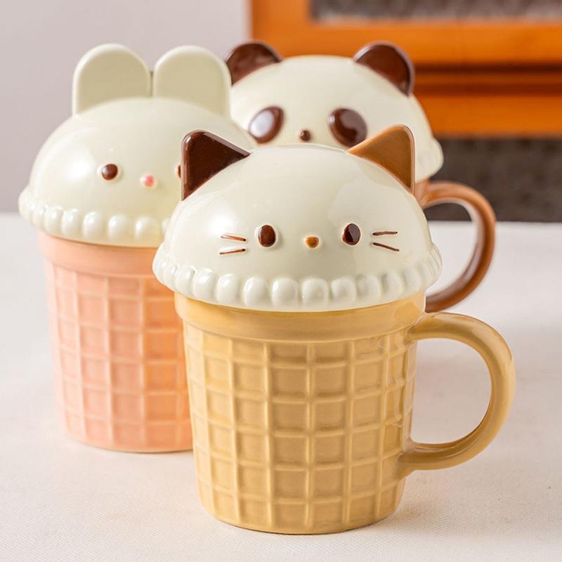 マグカップ かわいい 韓国風 動物モチーフ 蓋付き 防塵 コーヒーカップ 陶器 350ml ウサギ パンダ ピンク ブラウン系