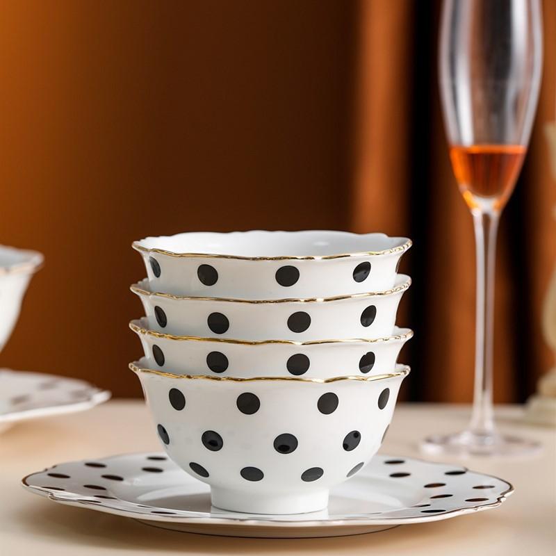 食器セット 子供用 陶器 飯碗 スープボウル プレート 韓国風 INS風 かわいい 水玉模様 黒 ピンク 電子レンジ対応