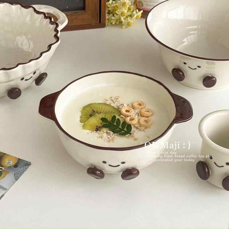 子供用食器 かわいい 韓国風 ダブルハンドル 陶器 飯碗 麺碗 ヨーグルト デザート スープボウル