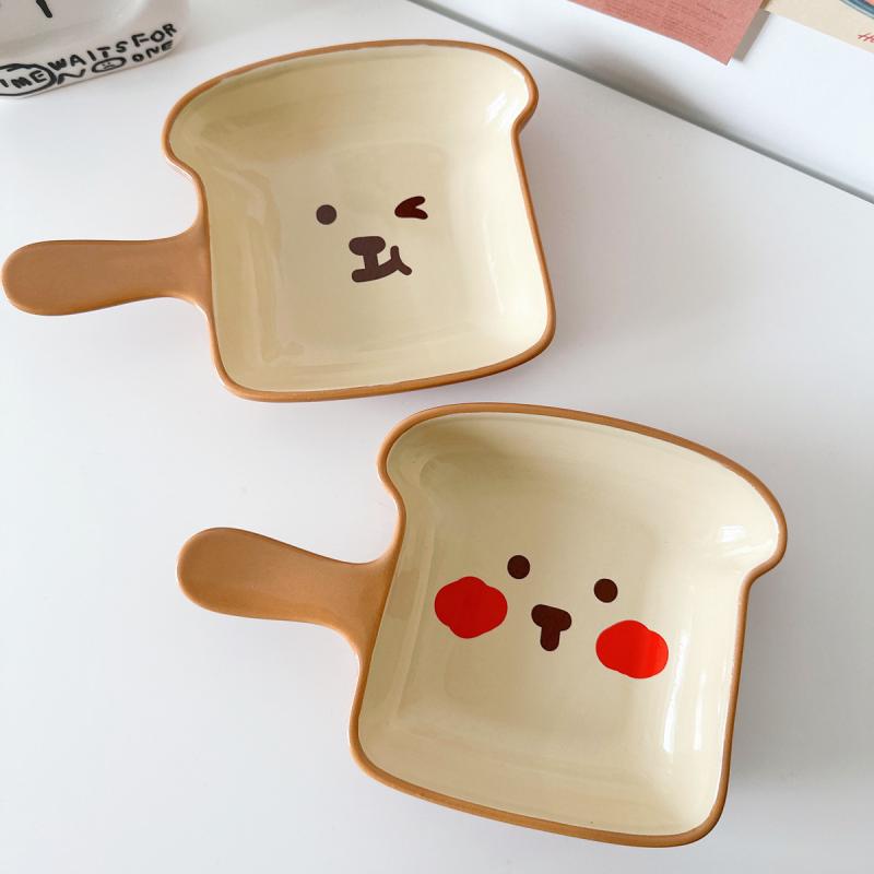 食器 かわいいトースト型 プレート 皿 陶器 焼皿 デザート皿 シリアルボウル パン皿 朝食プレート キッチン雑貨 手付き トースト ブラッシュ ほっぺ ウインク マグカップ トマト アボカド トースト クロワッサン