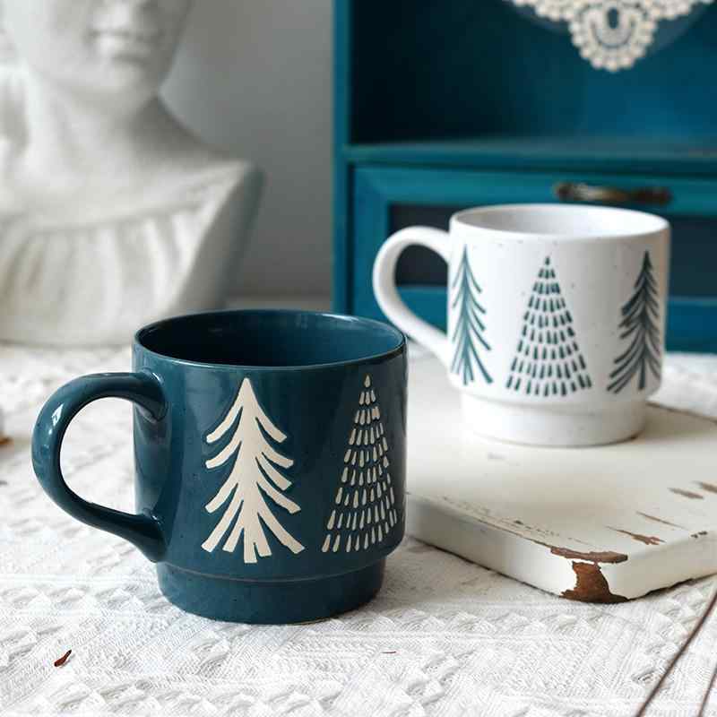 マグカップ クリスマス グリーン 松の木柄 家庭用 朝食 牛乳 コップ スタッキング セラミック ペア かわいい シンプル 301ml 400ml
