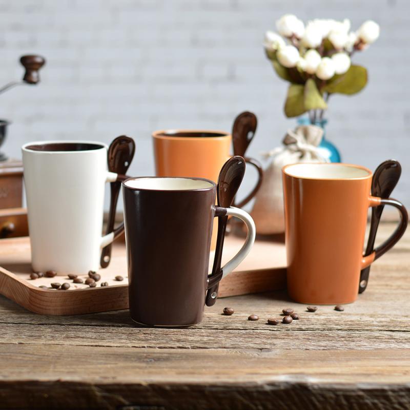 マグカップ ふた付き スプーン付き 陶器 艶消し(マット) 耐熱 コーヒーカップ ミルクカップ ティーカップ カフェ オフィス用 スクエア(四角) 無地 ベージュ系