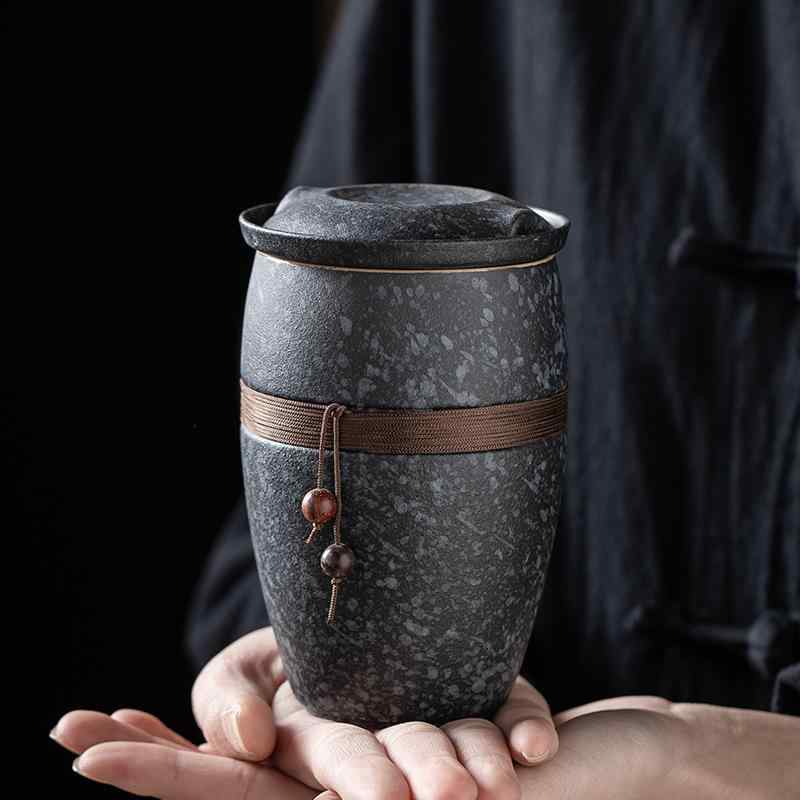 水筒 茶こし付き マグカップ 蓋付き 陶器製 250ml 猫耳デザイン オフィス用 家庭用 青石釉 禅風黒 墨緑