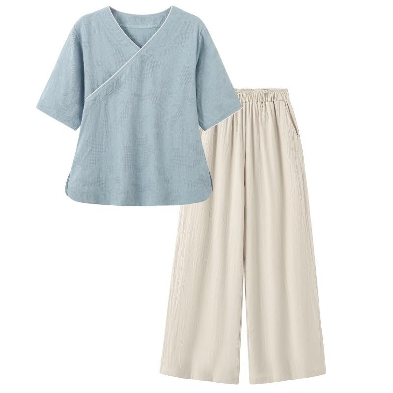 セットアップ レディース 女性用 文学 レトロ 綿麻 Vネック 半袖 トップス ズボン 上下セット 中国風 禅意 茶服 白 青 藍色 杏色 ブラック系 M L XL 2XL 3XL