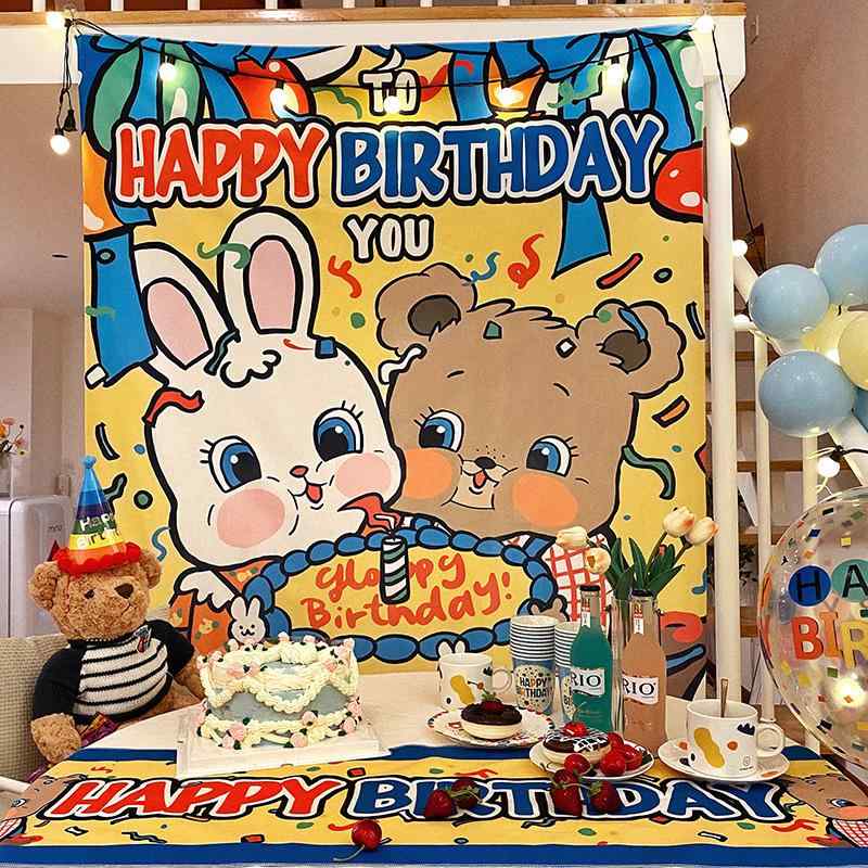 Rakuten - タペストリー かわいい 韓国風 カートゥーン 誕生日 パーティー デコレーション 背景布 写真道具 布製 綿製 パステルカラー