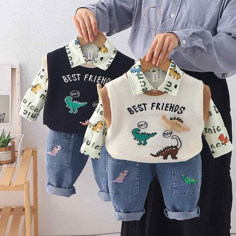 子供服 ニットベスト 3点セット 春秋 ベビー服 男の子 カジュアル 幼児 長袖 トップス パンツ 上下セット 綿 カートーン柄 かわいい 普段着 80cm 90cm 100cm