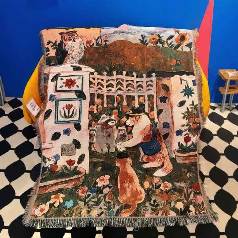 タペストリー 綿 織物 壁掛け 漫画風 ソファカバー ブランケット 郵差小狗柄 130cm 160cm リビング 寝室 子供部屋