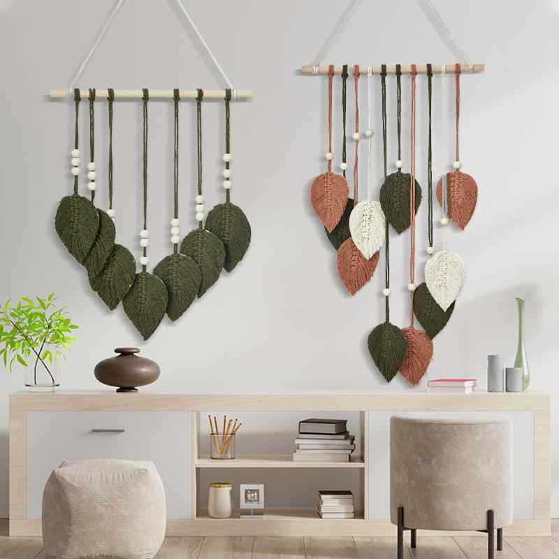 タペストリー 北欧風 手編み コットン製 壁掛け 葉 リーフ柄 流木 棒 飾り付け 部屋 リビング 寝室 ベランダ 手洗い可能