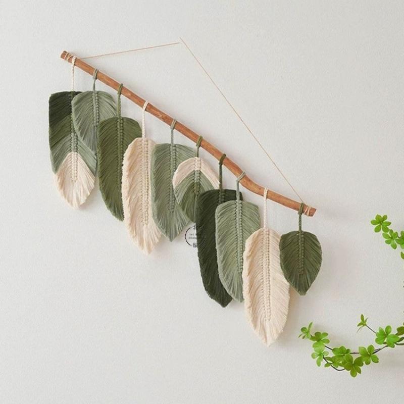 タペストリー 手編み 羽根 リーフ ボヘミアン 北欧風 ベッドルーム 民宿 壁面装飾 コットン 緑 秋