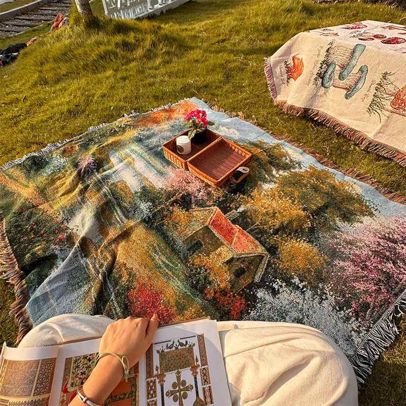 タペストリー 風景画 ソファカバー アウトドア キャンプ ブランケット 130 160cm ポリエステル 綿 長方形 白 黄色 花柄 リビング 寝室