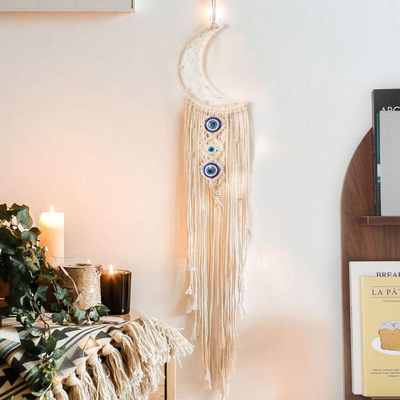 タペストリー 北欧風 手編み 月 星 壁掛け インテリア雑貨 ルームデコレーション 綿製 紫色 緑色 青色 ピンク系 幅20cm 長さ90cm