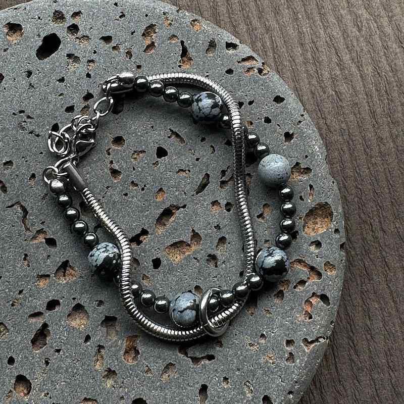 ブレスレット メンズ レディース ユニセックス ステンレス スチール スネークチェーン 雪花石 ヘマタイト ラウンドビーズ ヴィンテージ風 秋冬