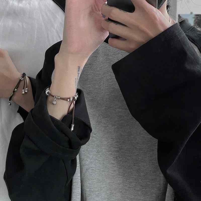 ブレスレット ペア 純銀製 幾何学模様 ラッキーアイテム 縁起物 金運アップ 調節可能 ブラウン ブラック